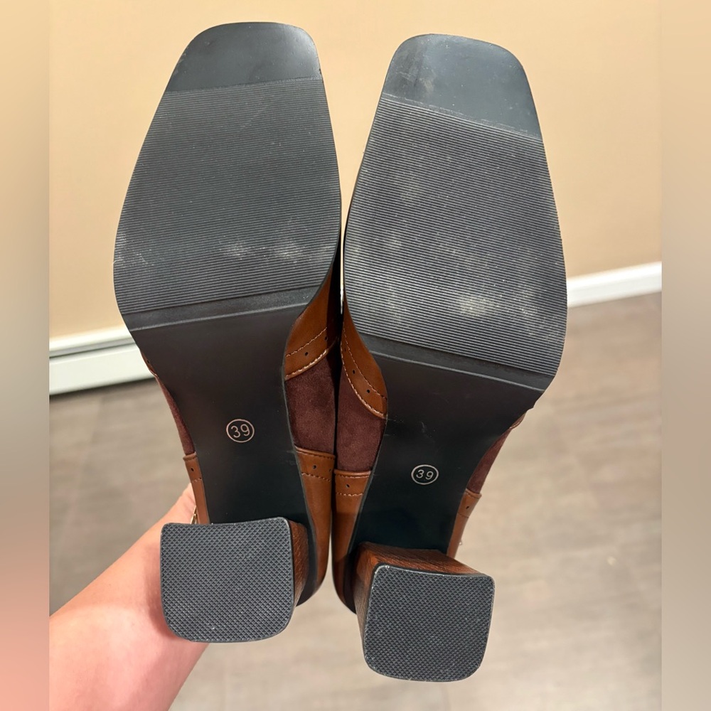 VINTAGE Brown Leather Suede Two-Tone Mary Jane Square-Toe Chunky Mid-Heel Shoes - Picture 10 of 11